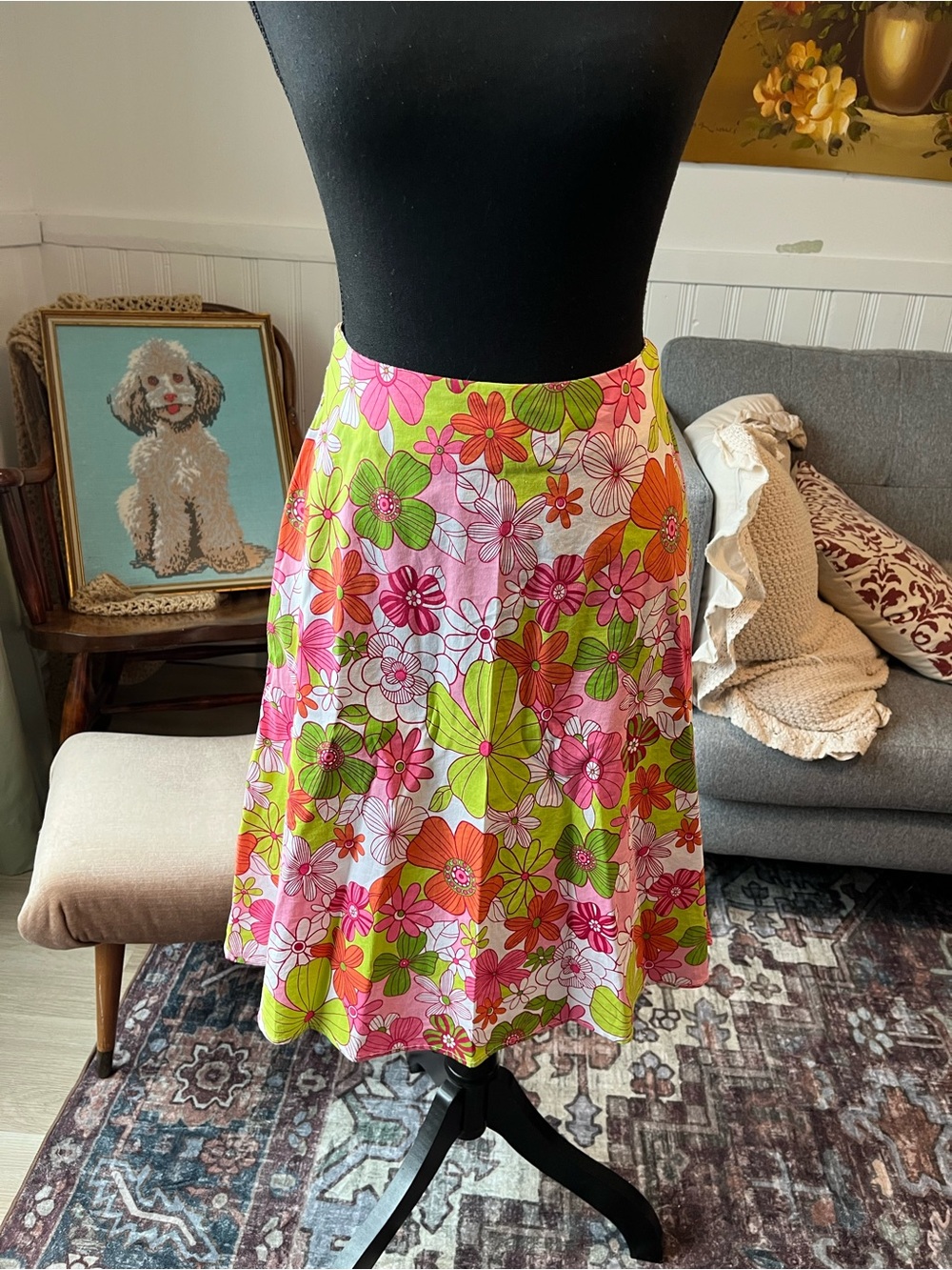 Women’s Y2K Vintage Floral A-Line Midi Skirt in Pink & Green Size S 26” W